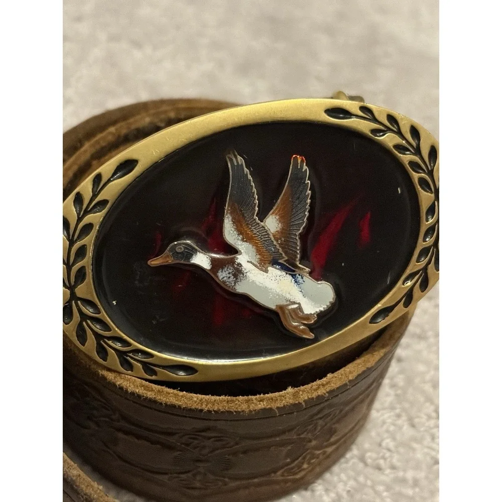 Vintage Brass Belt Buckle With Leather Belt Mallard Duck 70s 80s VTG